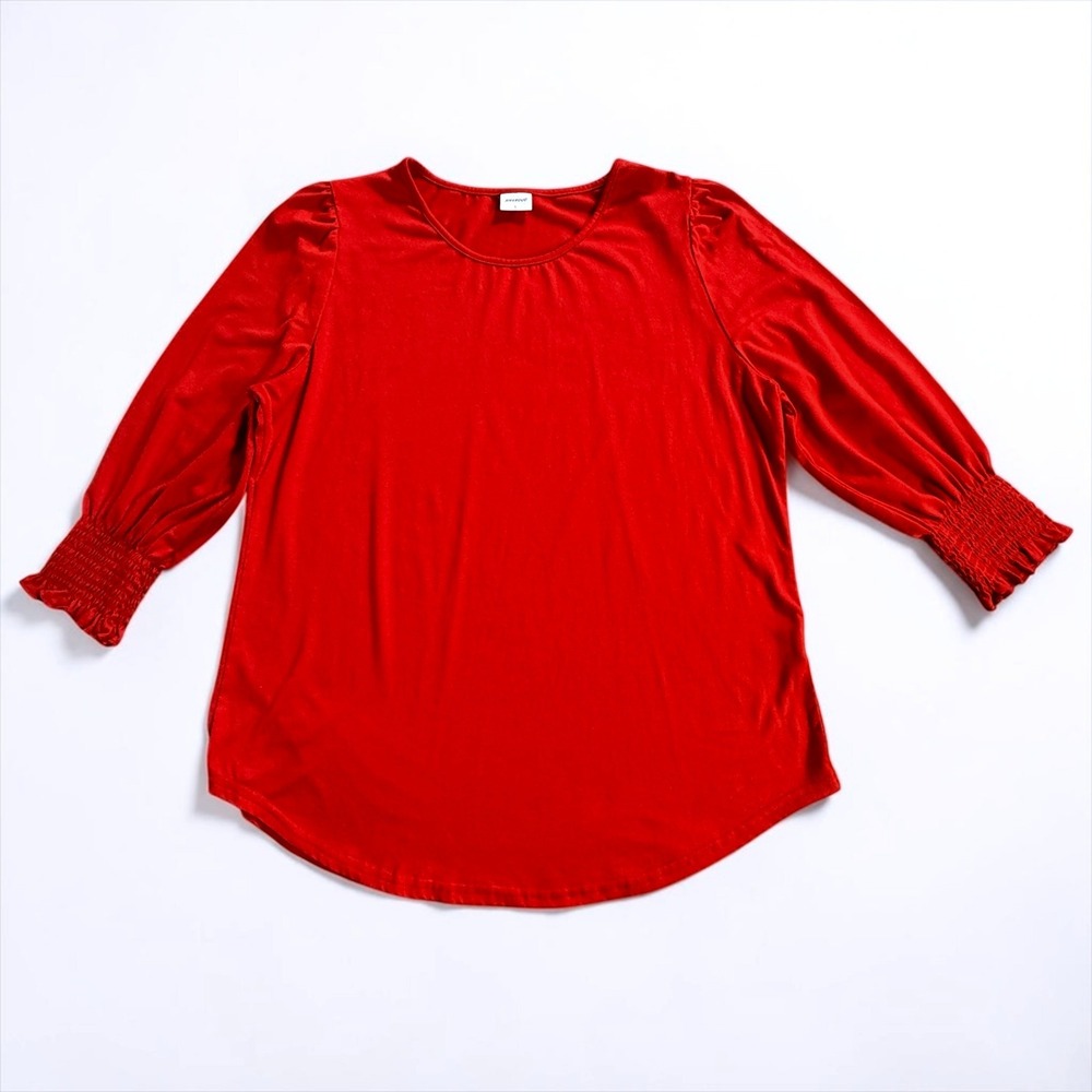 XIEERDUO Womens Red Smocked Cuff Long Sleeve Blouse Crew Neck Top Size L